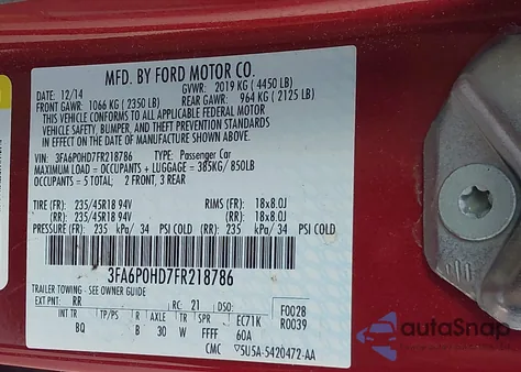 2015 Ford Fusion Se из США, поврежденный, VIN 3FA6P0HD7FR218786